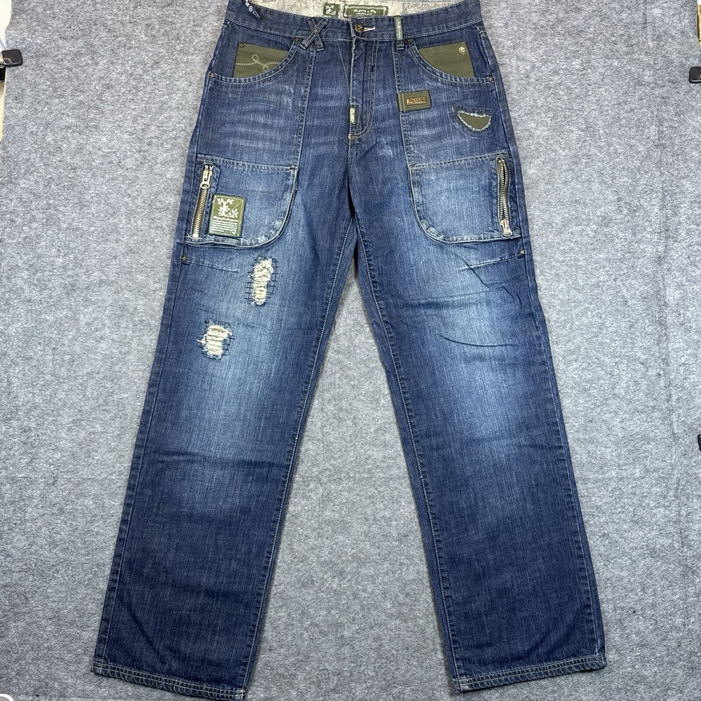 LRG Geans Jeans Mens 34x32 Cargo Patchwork Roots and Equipment Embroidered